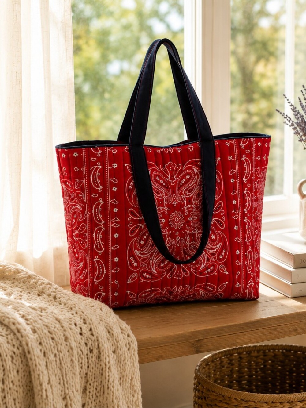 Handmade Red Bandana Print Tote Bag with Navy Handles